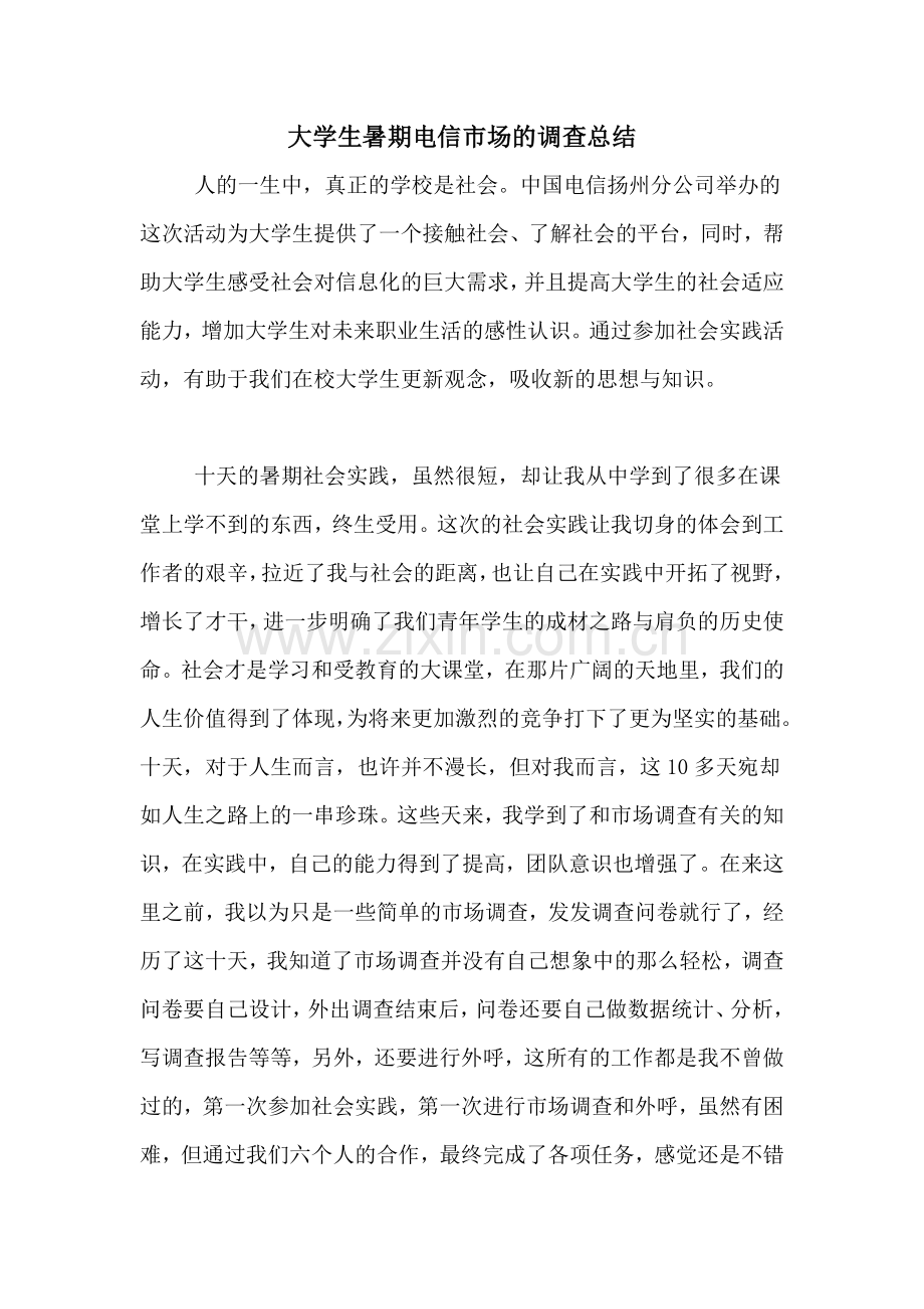 大学生暑期电信市场的调查总结.doc_第1页