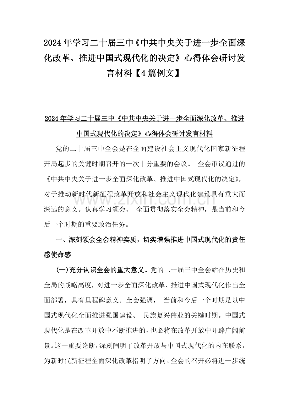 2024年学习二十届三中《中共中央关于进一步全面深化改革、推进中国式现代化的决定》心得体会研讨发言材料【4篇例文】.docx_第1页