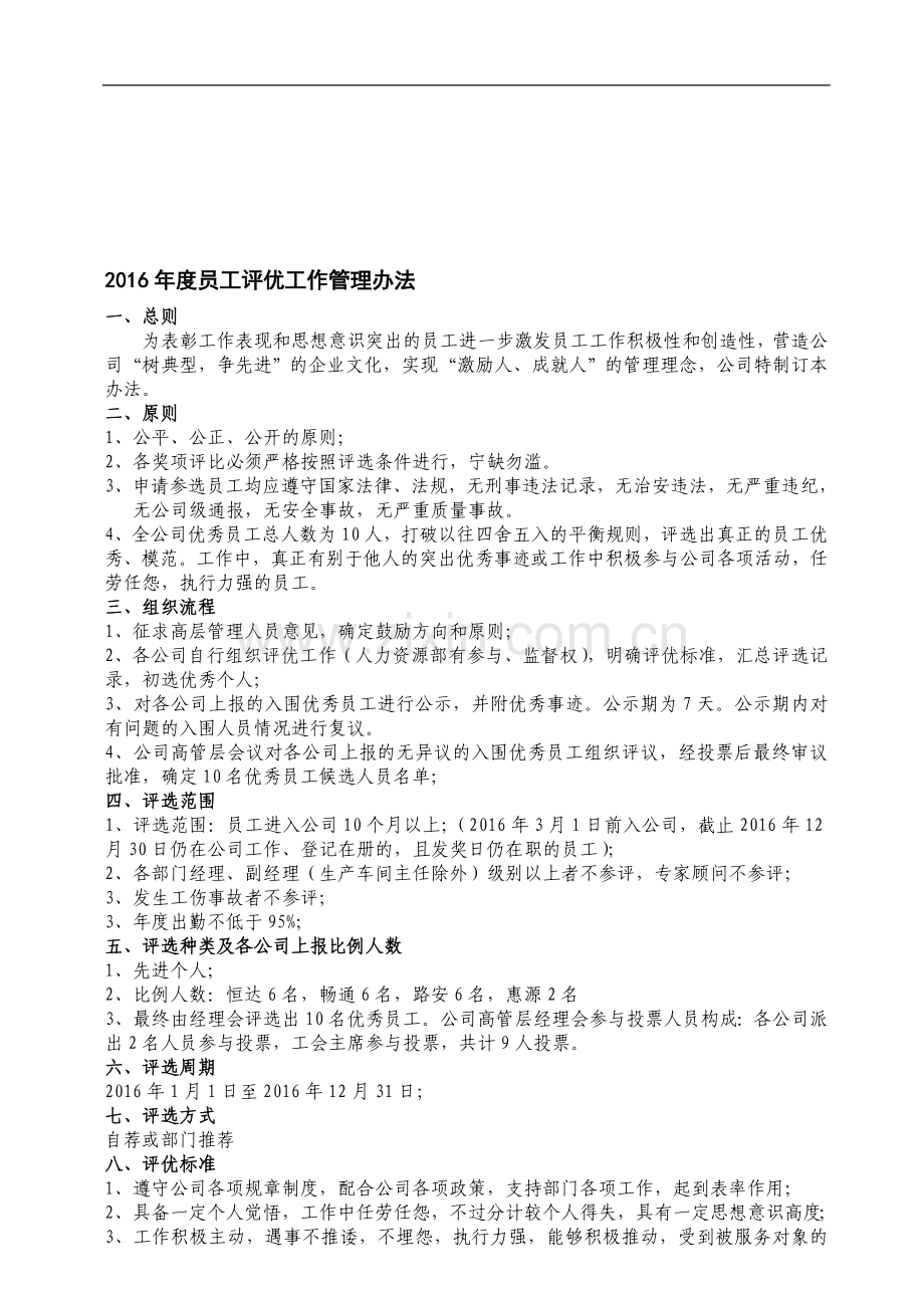 2016年度员工评优工作管理办法.doc_第1页