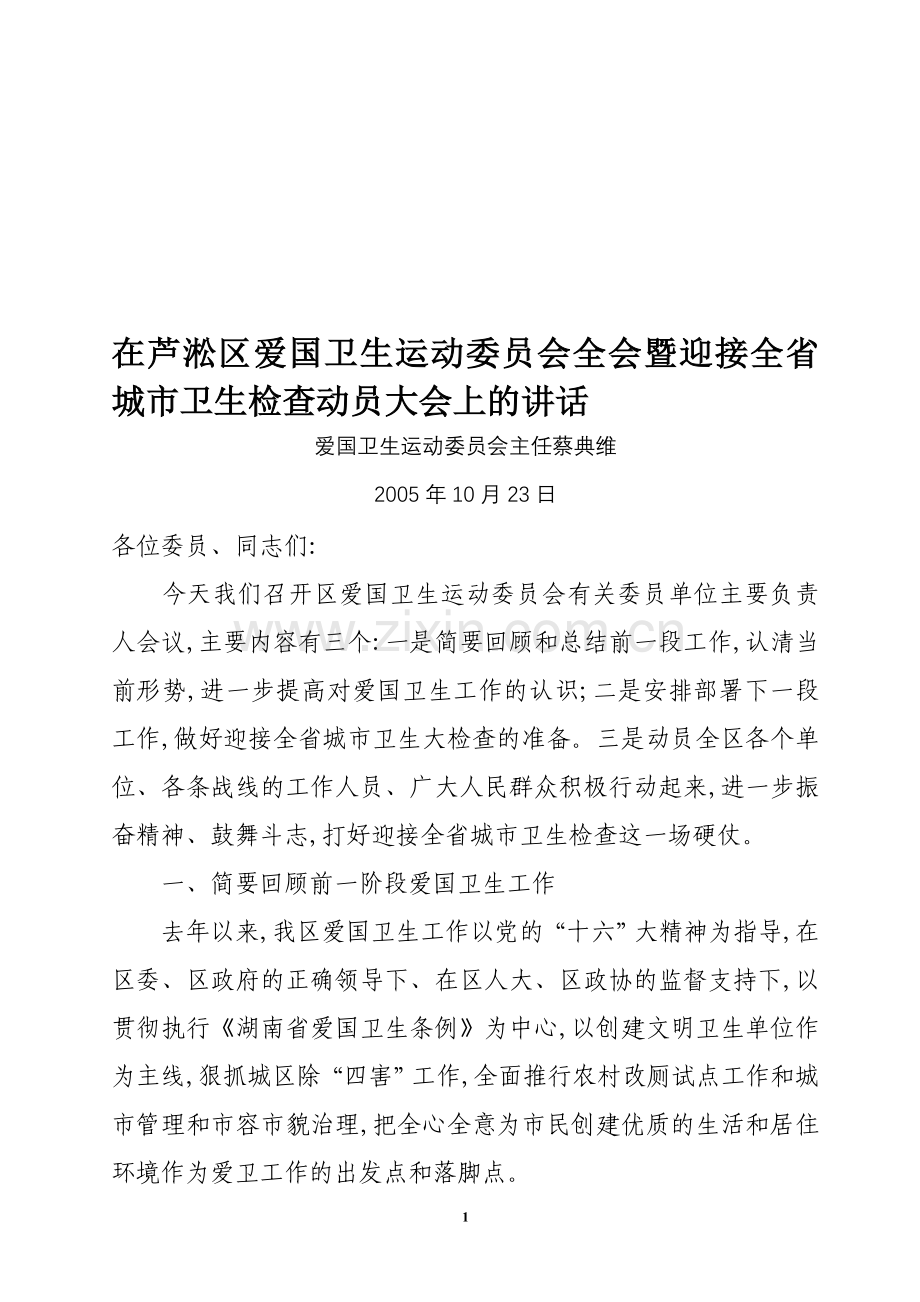 在芦淞区爱国卫生运动委员会全会暨迎接全省城市卫生检查动员大会上的讲话.doc_第1页