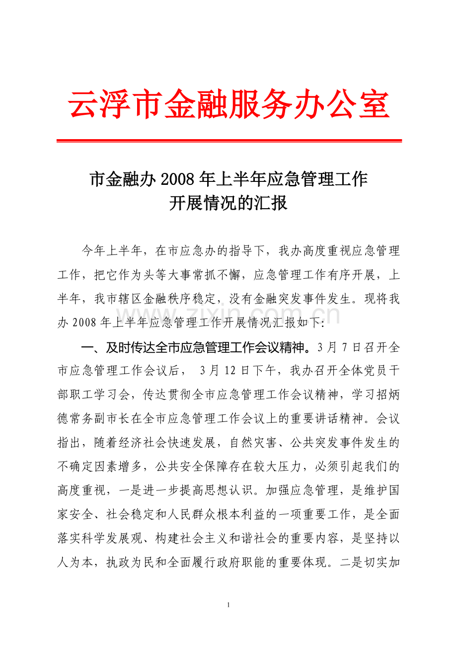 市金融办2008年上半年应急管理工作开展情况的汇报.doc_第1页