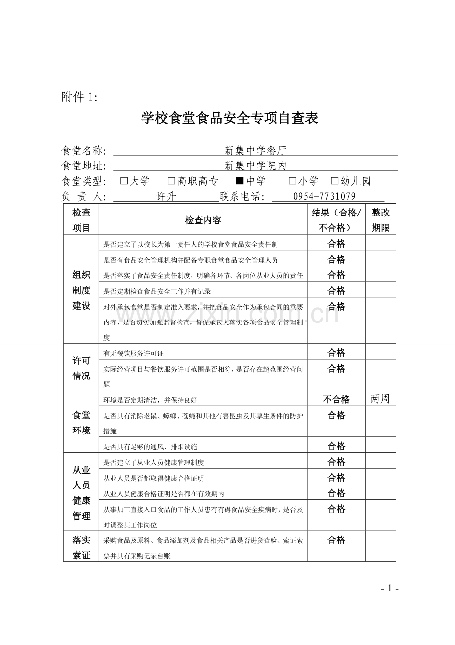 新集中学食堂食品安全专项自查表.doc_第1页