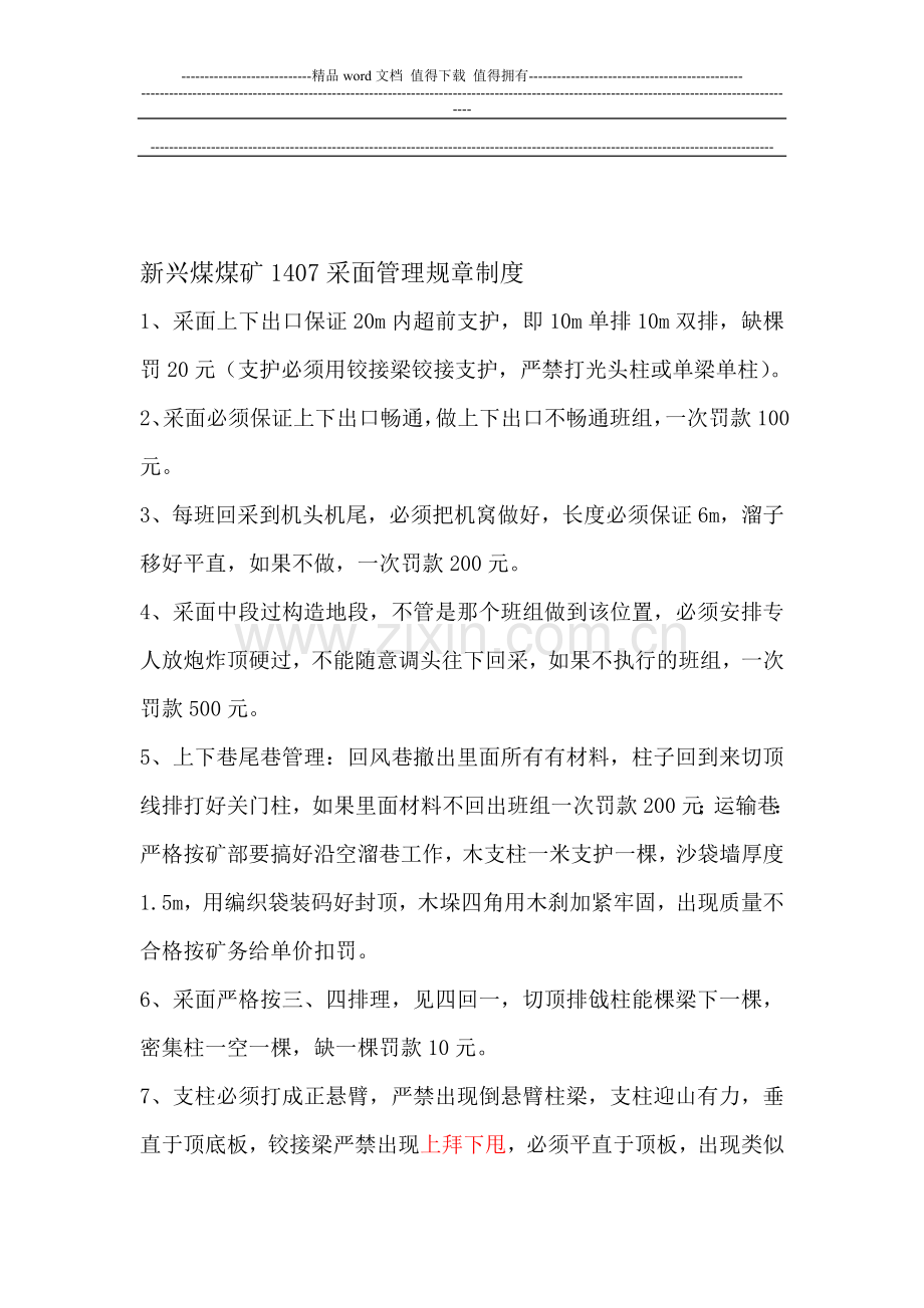 新兴煤煤矿1407采面管理规章制度.doc_第1页
