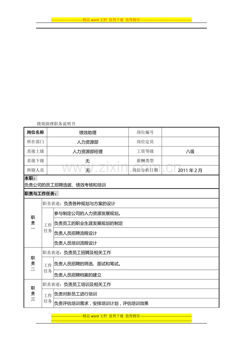 绩效助理职务说明书.doc_第1页