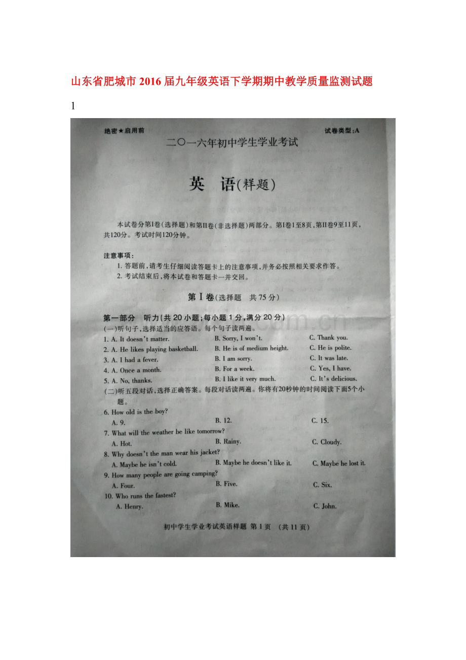 山东省肥城市2016届九年级英语下册期中质量监测试题.doc_第1页
