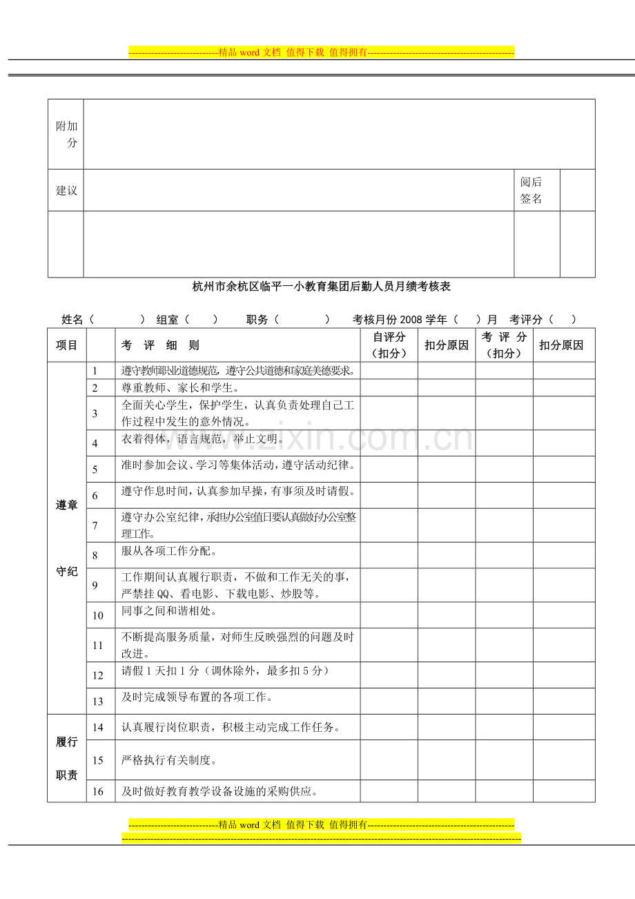 杭州市余杭区临平一小教育集团后勤人员月绩考核表..doc_第2页