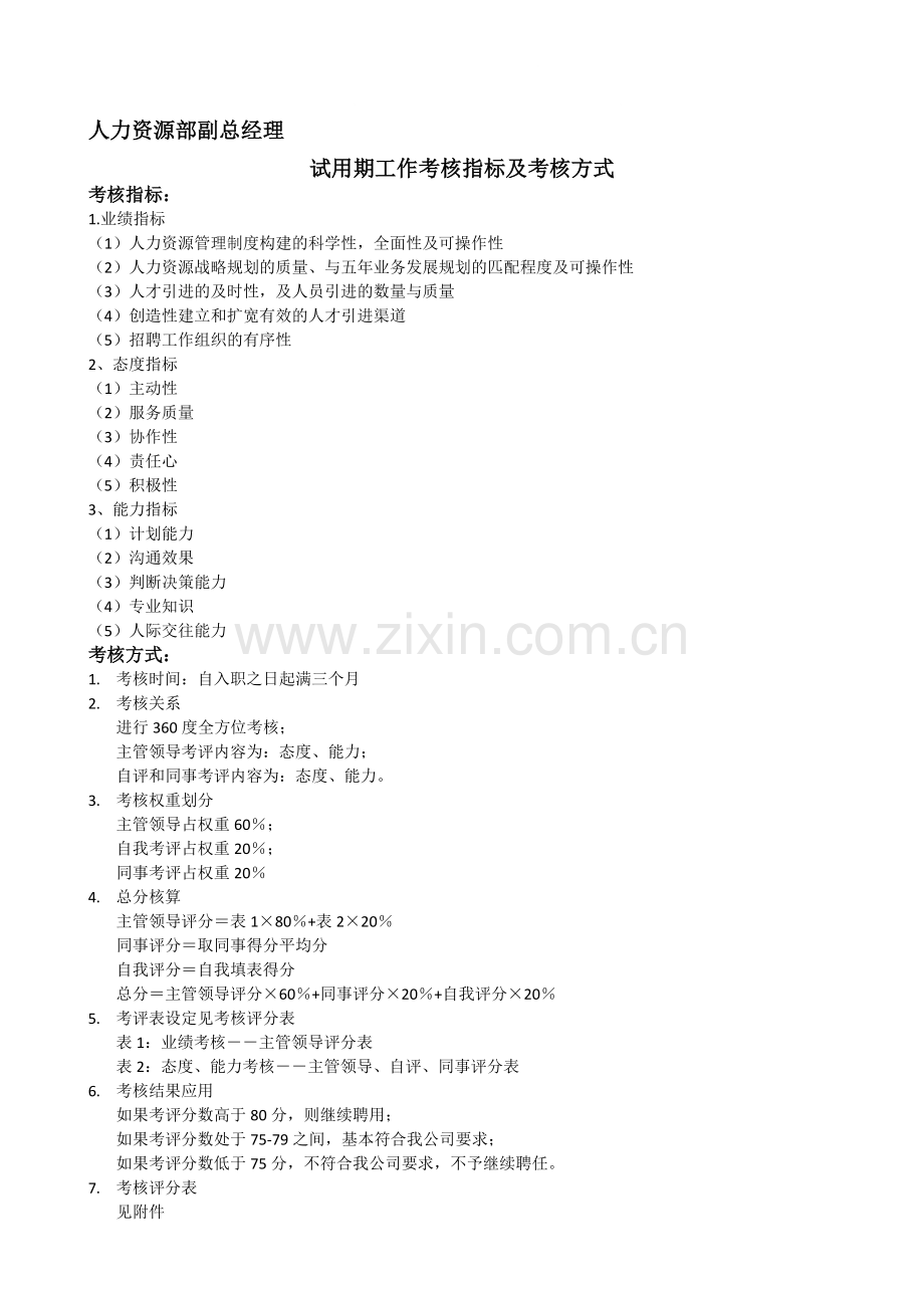 人力资源部经理试用期考核指标和方式.doc_第1页