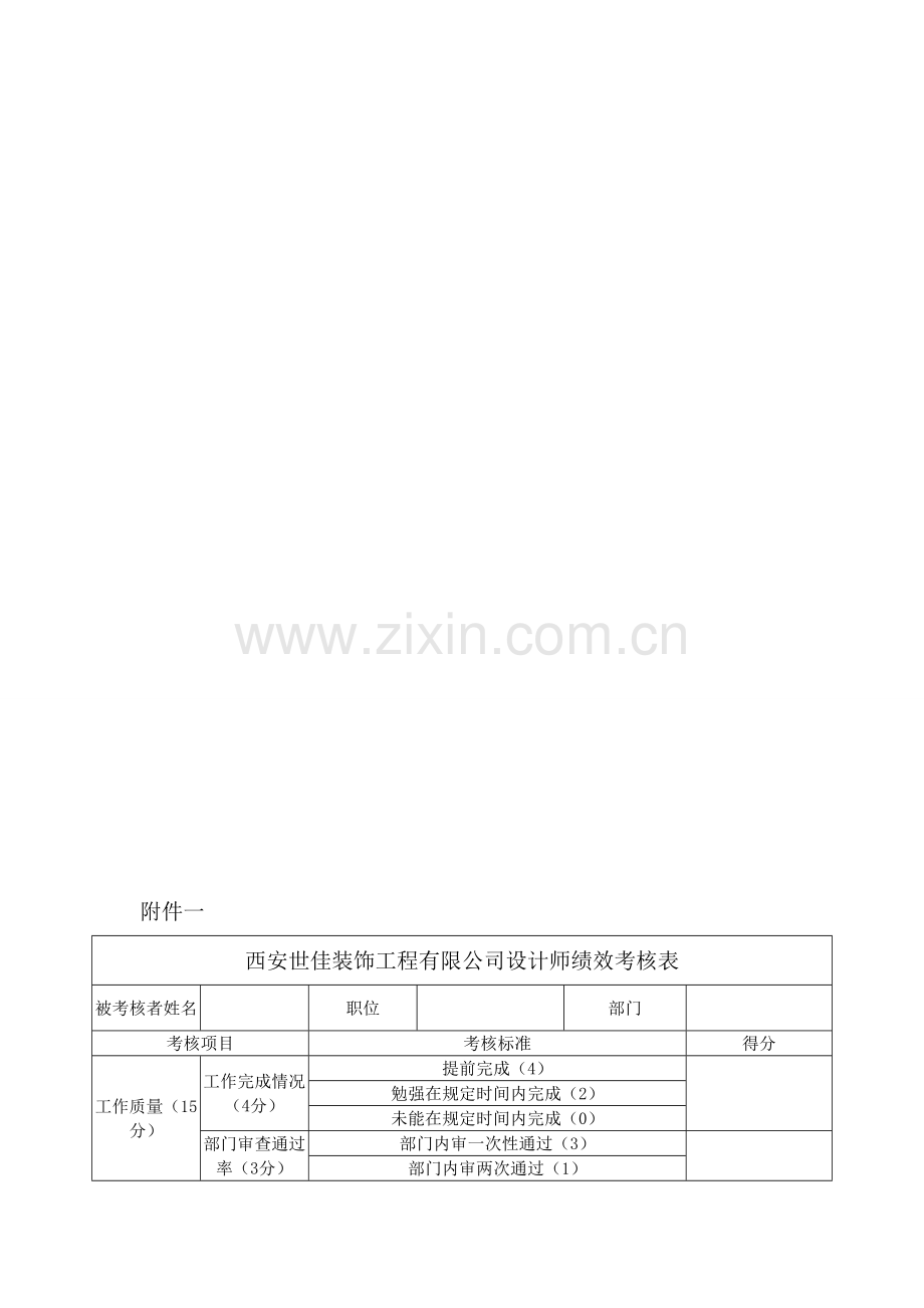 西安XX装饰工程有限公司设计师绩效考核表.doc_第1页