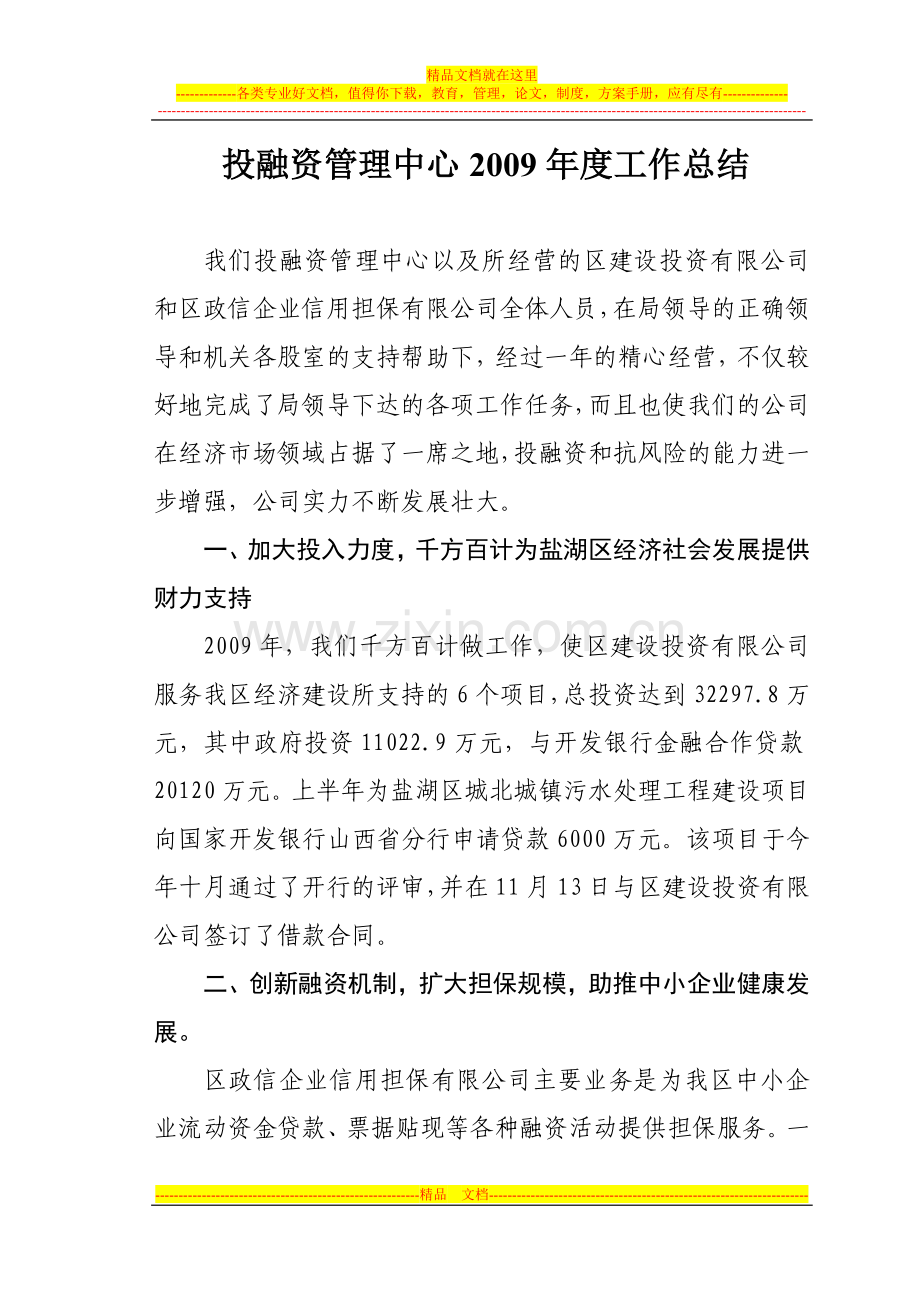 投融资管理中心2009年度工作总结.doc_第1页