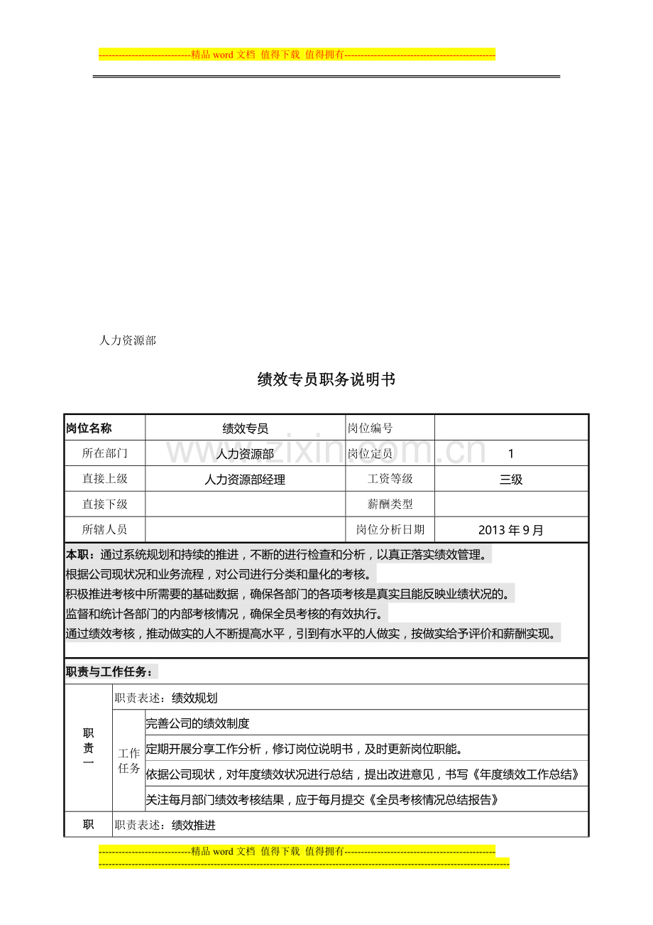 绩效专员岗位职能说明书.doc_第1页