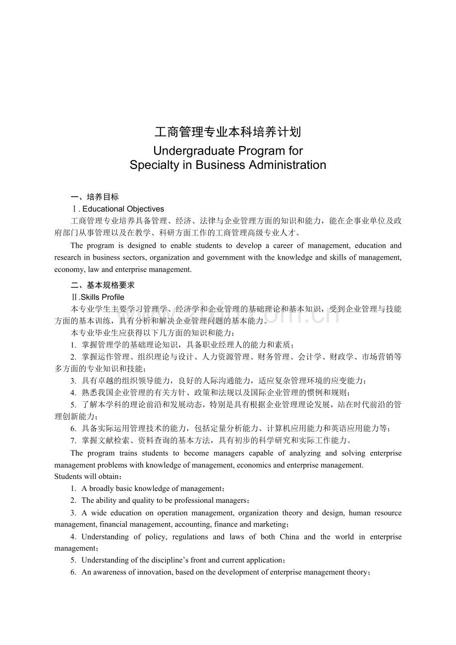 工商管理专业本科培养计划.doc_第1页