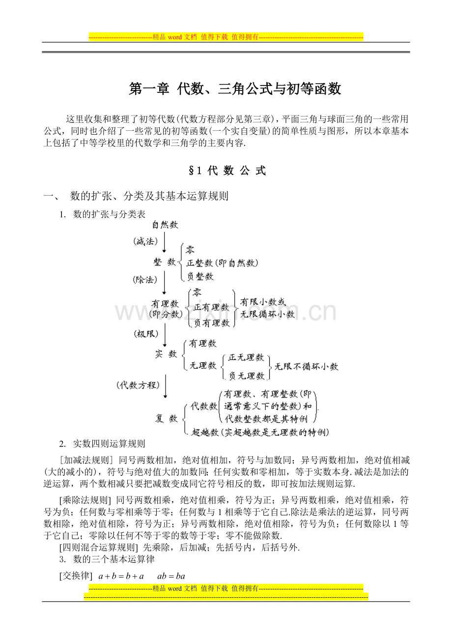 数学手册第一章代数、三角公式与初等函数-上.doc_第1页