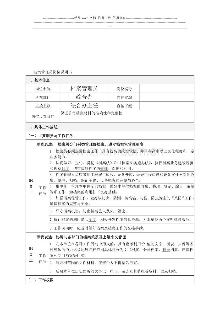 档案管理员岗位说明书.doc_第1页