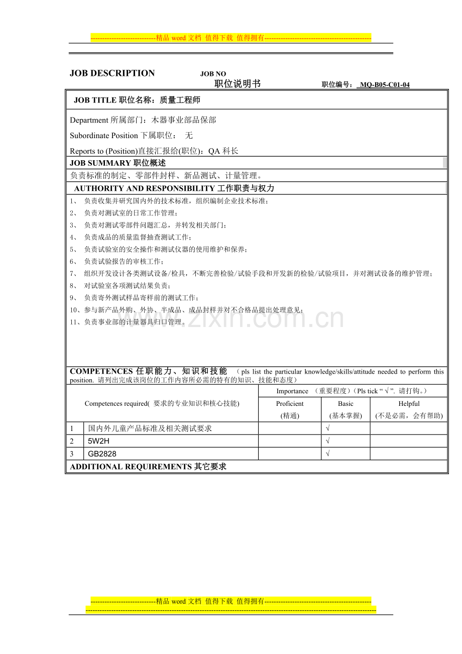 质量工程师岗位说明.doc_第1页