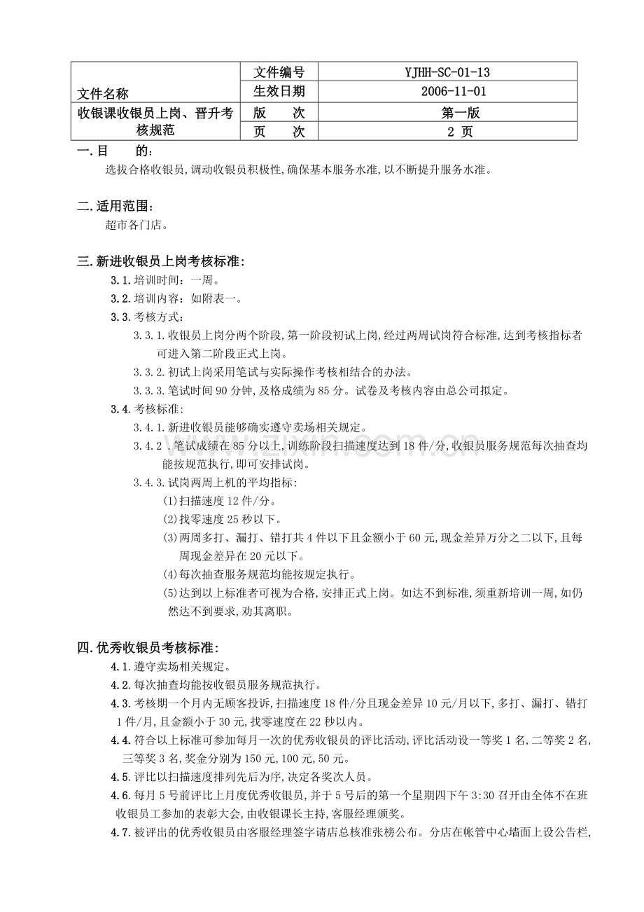 收银员上岗、晋升考核规范..doc_第1页