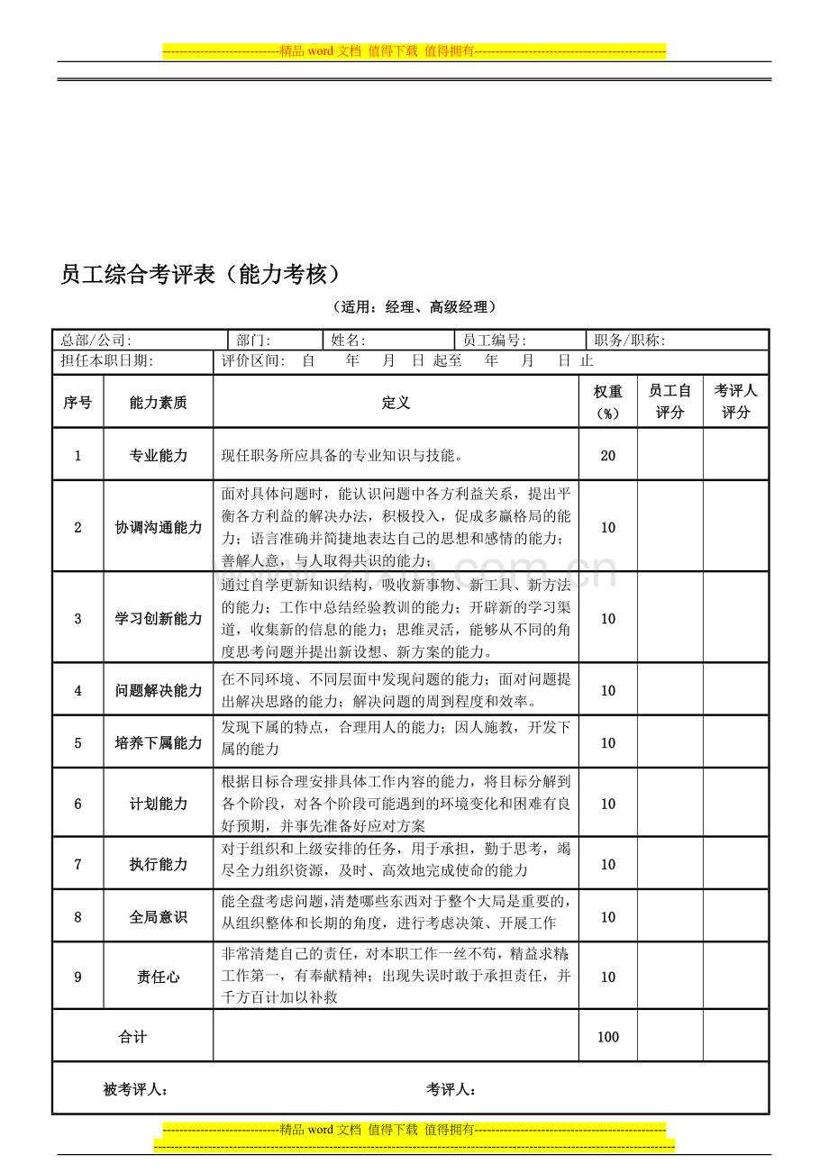 员工综合考评表(能力考核)..doc_第1页