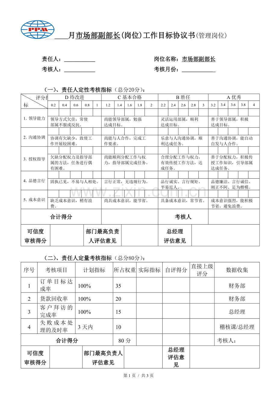 管理人员月度考核表-市场部副部长..doc_第1页