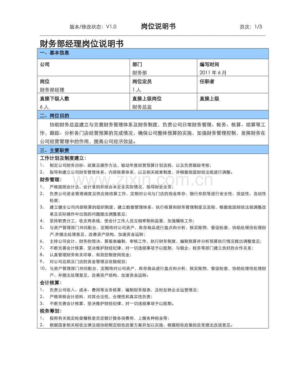 财务部经理岗位说明书2011.doc_第1页