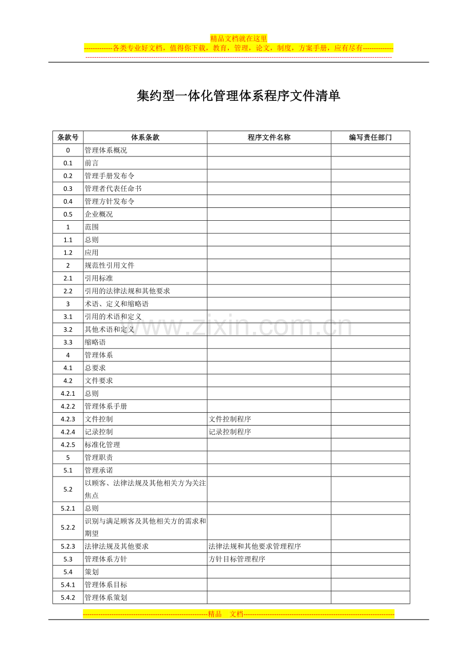 集约型一体化管理体系程序文件清单.docx_第1页