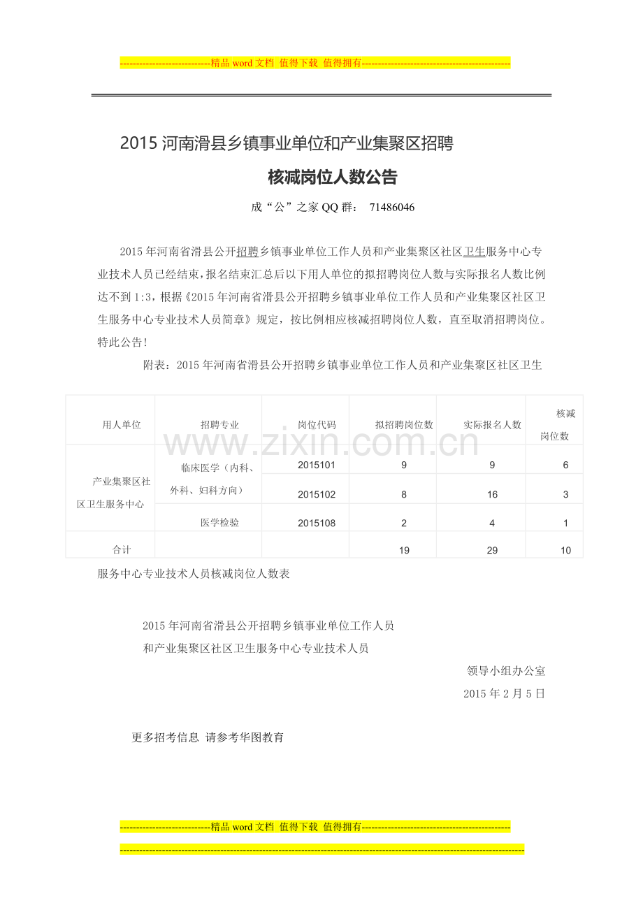 2015河南滑县乡镇事业单位和产业集聚区招聘核减岗位人数公告.doc_第1页