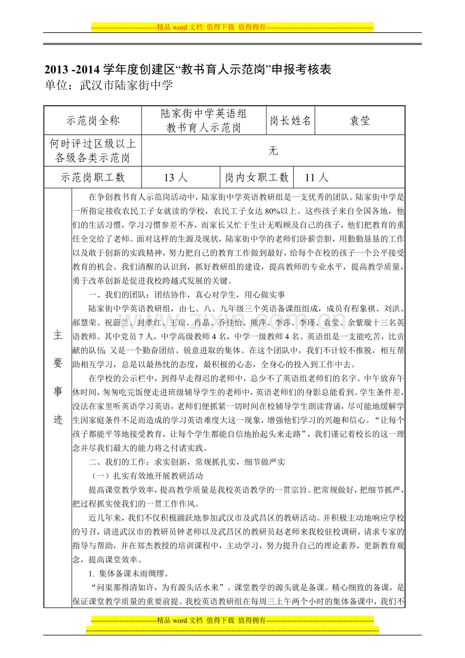 2013-2014学年度创建区级教书育人示范岗申报考核表(陆家街英语组)..doc_第1页
