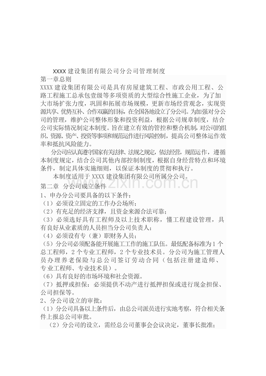 XXXX建设集团有限公司分公司管理制度.doc_第1页