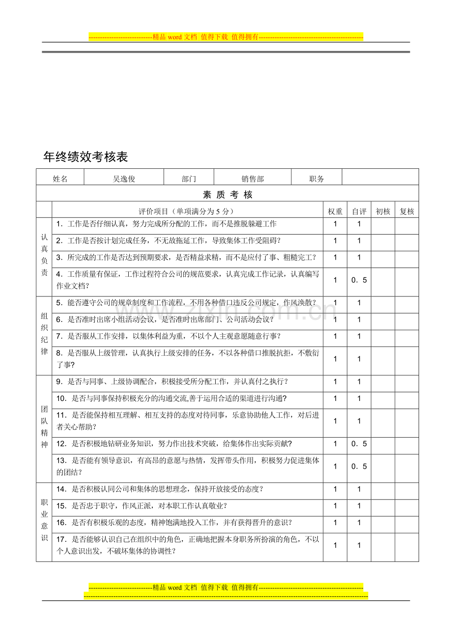 年终考核表(素质部分)..doc_第1页