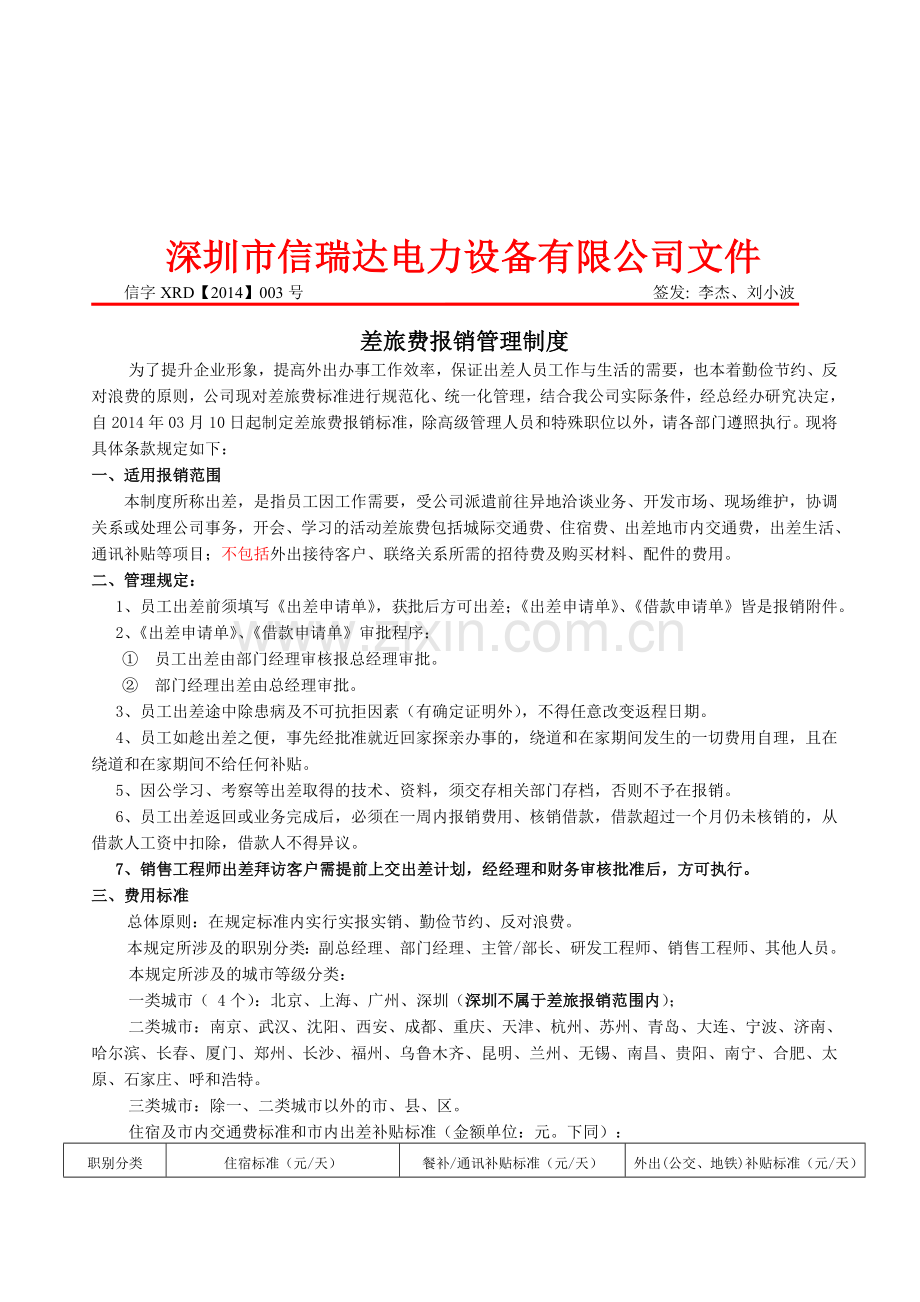 信瑞达出差管理制度2014版本.doc_第1页