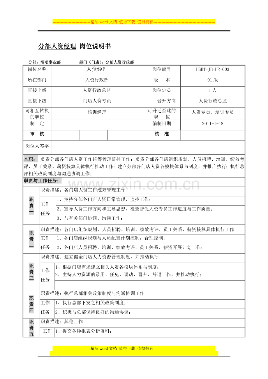 岗位说明书(分部人资经理).doc_第1页