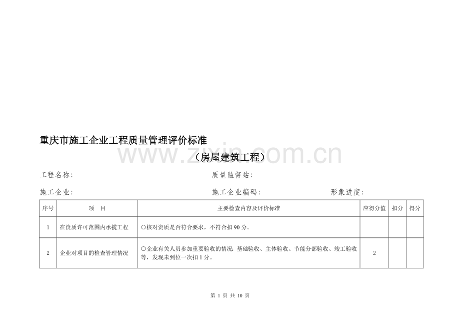 重庆市施工企业工程质量管理评价标准(房屋建筑)20110719.doc_第1页