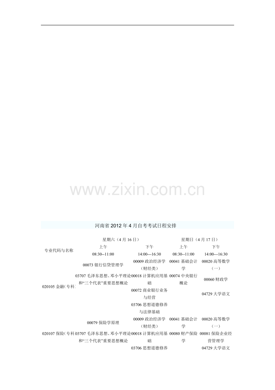 河南省2012年4月自考考试日程安排.doc_第1页