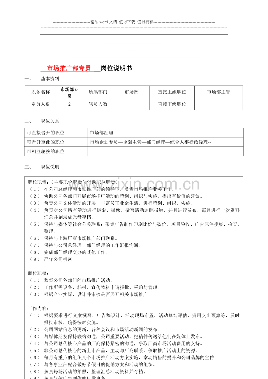 (市场部主管)岗位说明书.doc_第1页