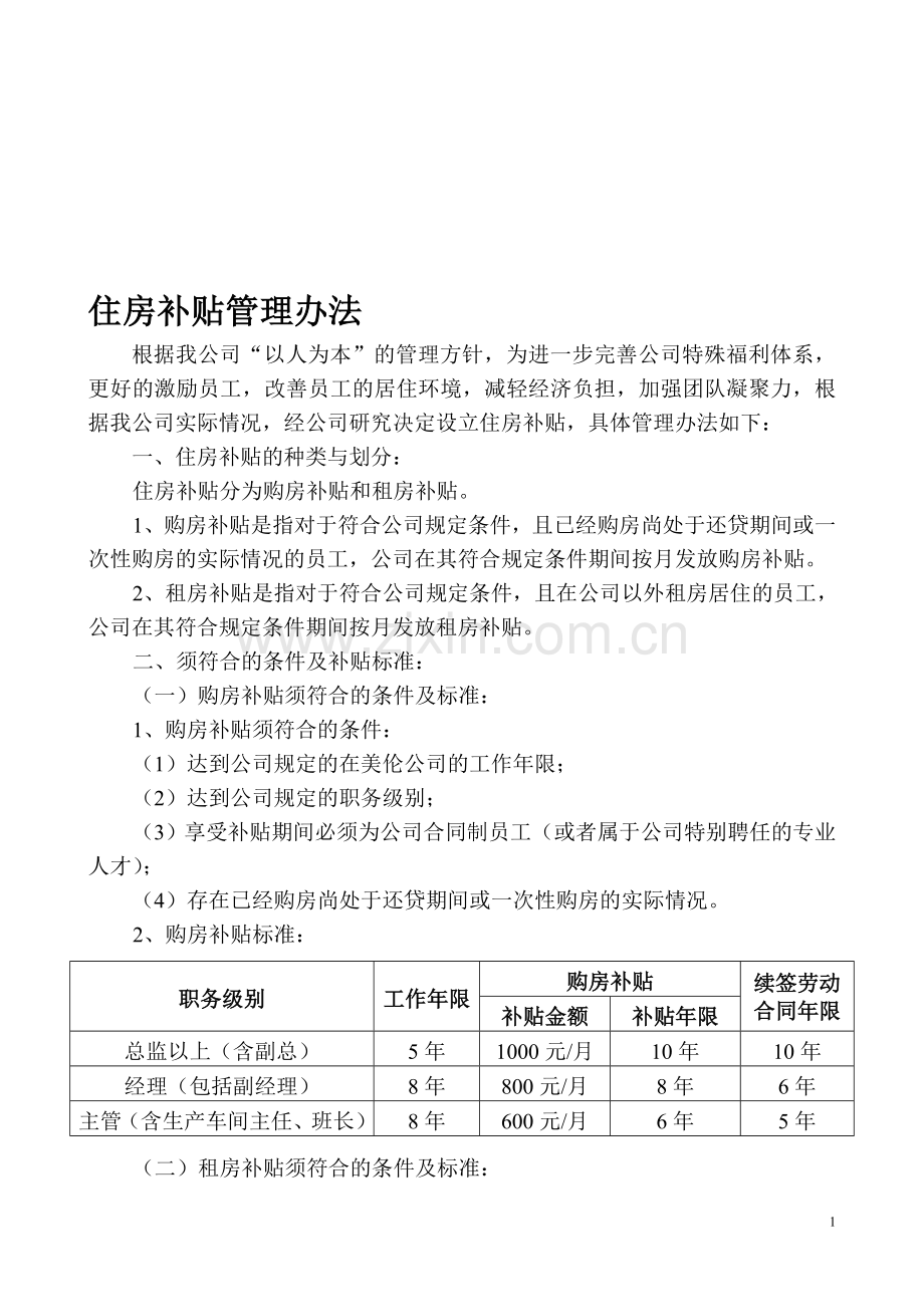XX公司住房补贴管理办法.doc_第1页