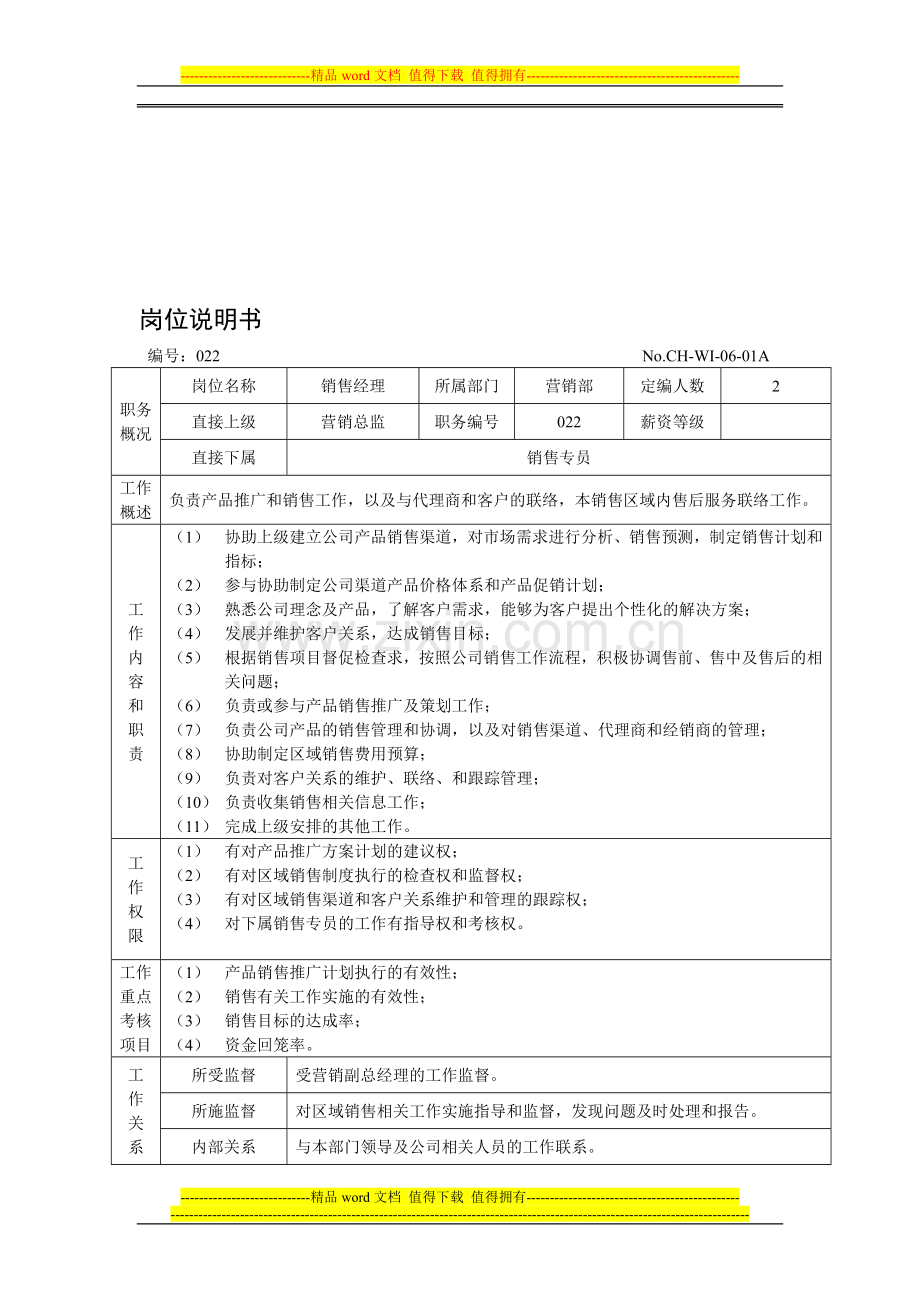 销售经理-岗位说明书.doc_第1页
