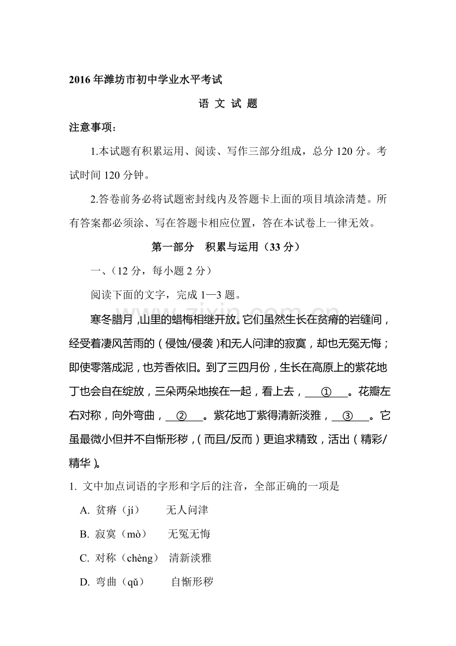 山东省潍坊市2016年中考语文试题.doc_第1页