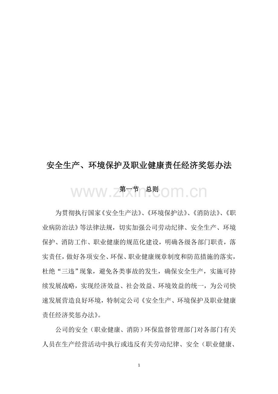 安全生产、环境保护及职业健康责任经济奖惩办法.doc_第1页