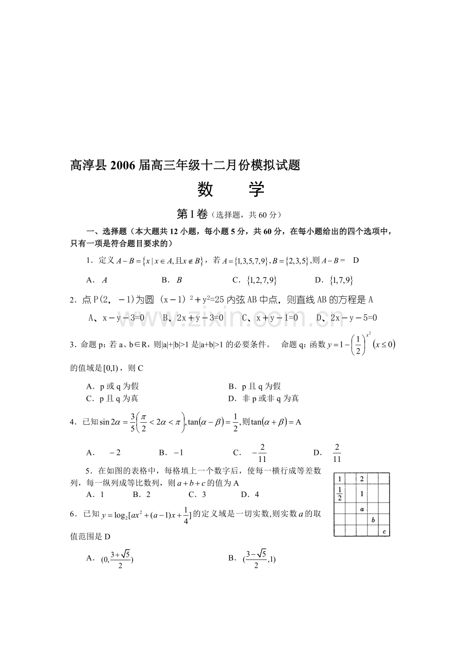 高考高淳县高三年级十二月份数学模拟试题.doc_第1页