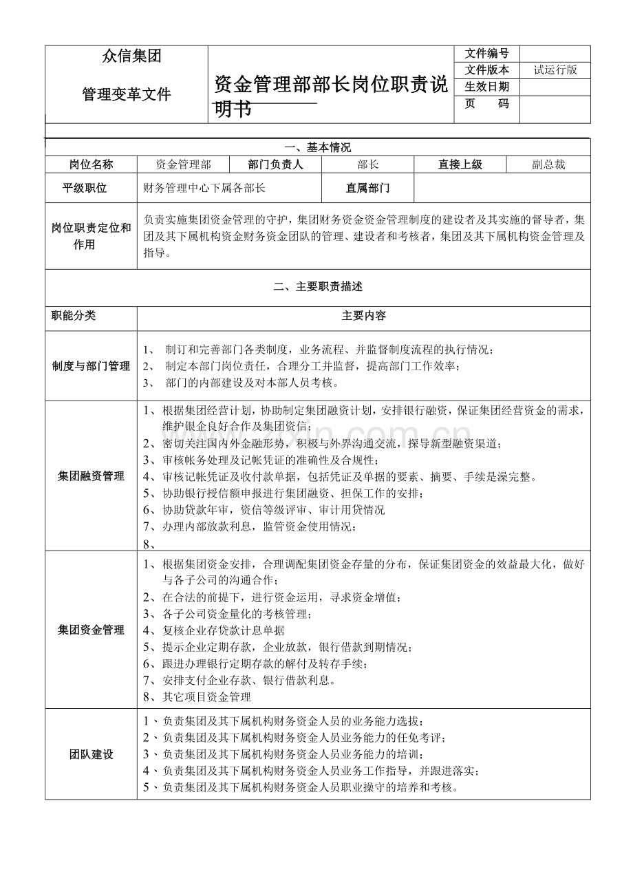 资金管理部部长岗位职责.doc_第1页