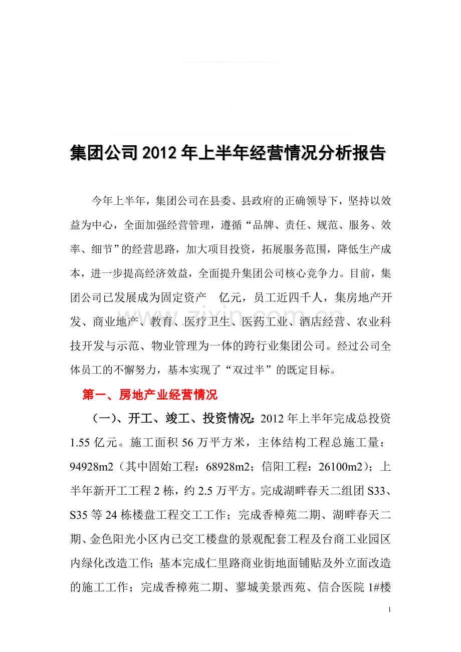 集团公司2012年上半年经营情况分析报告.doc_第1页