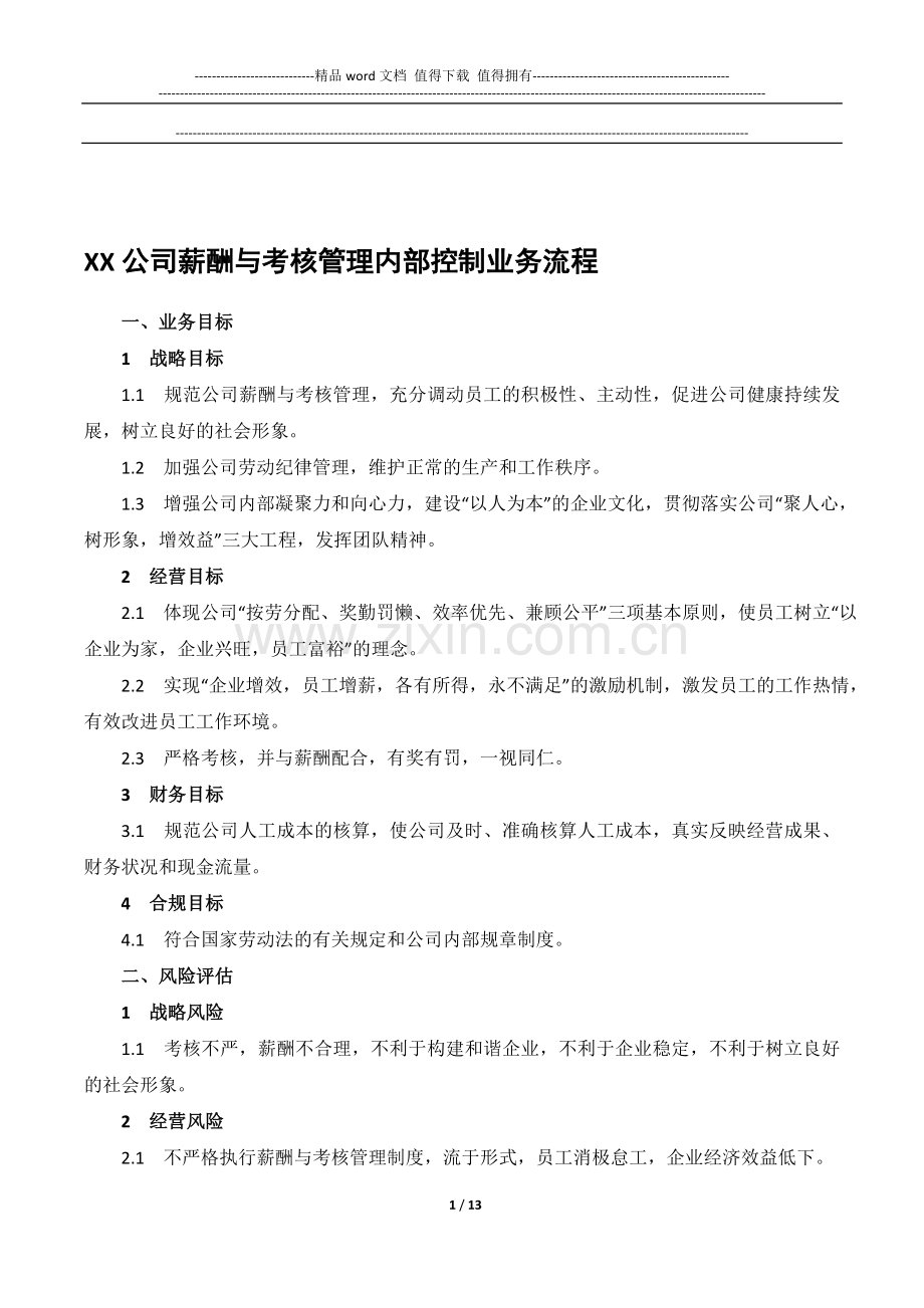 XX公司薪酬与考核管理内部控制业务流程..doc_第1页