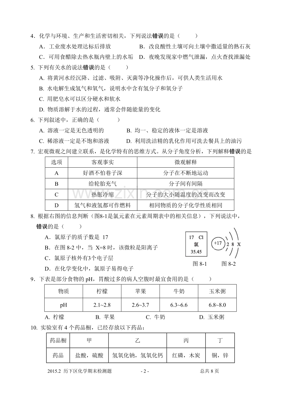 期末考试化学试题(带模板)2015.1.21.doc_第2页