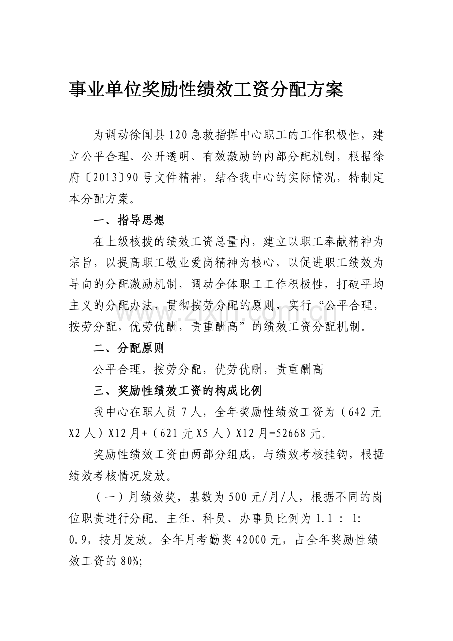 徐闻县120急救指挥中心奖励性绩效工资分配方案.doc_第1页