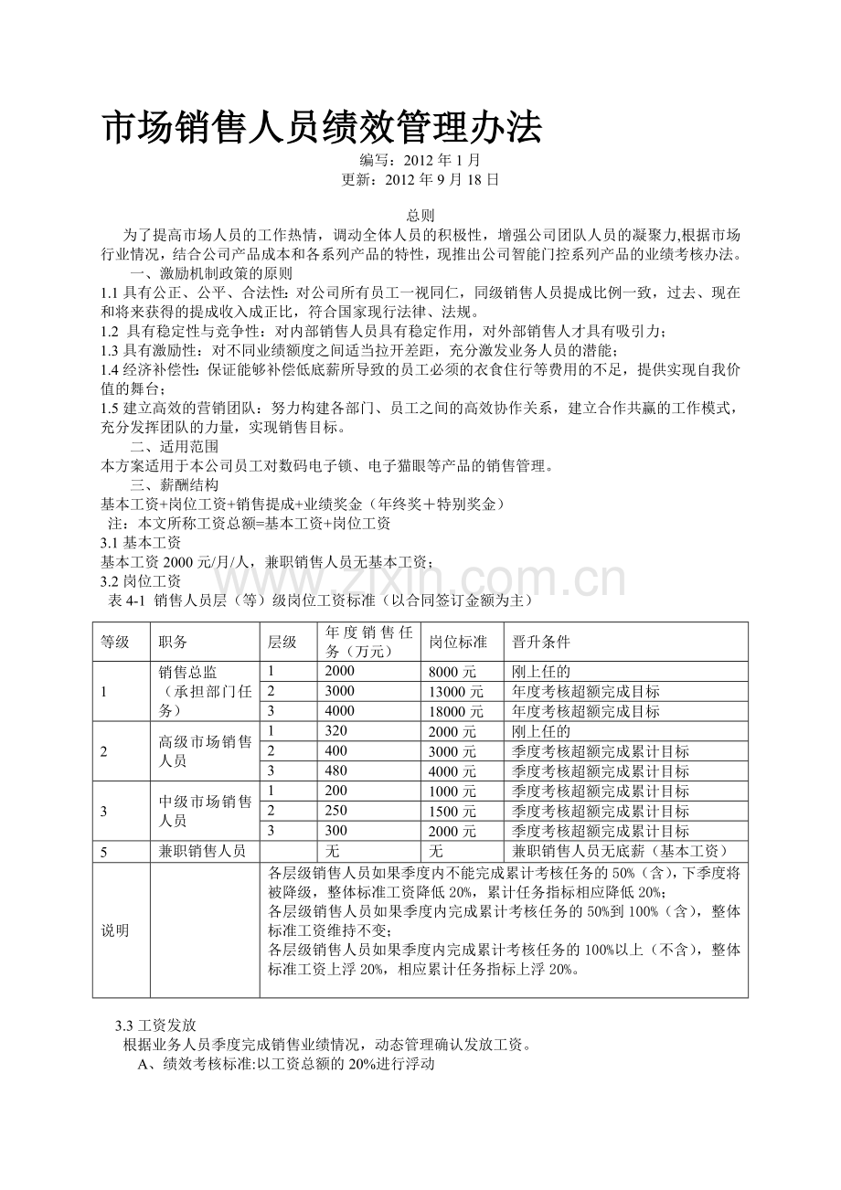 市场销售人员绩效考核办法2012年..doc_第1页