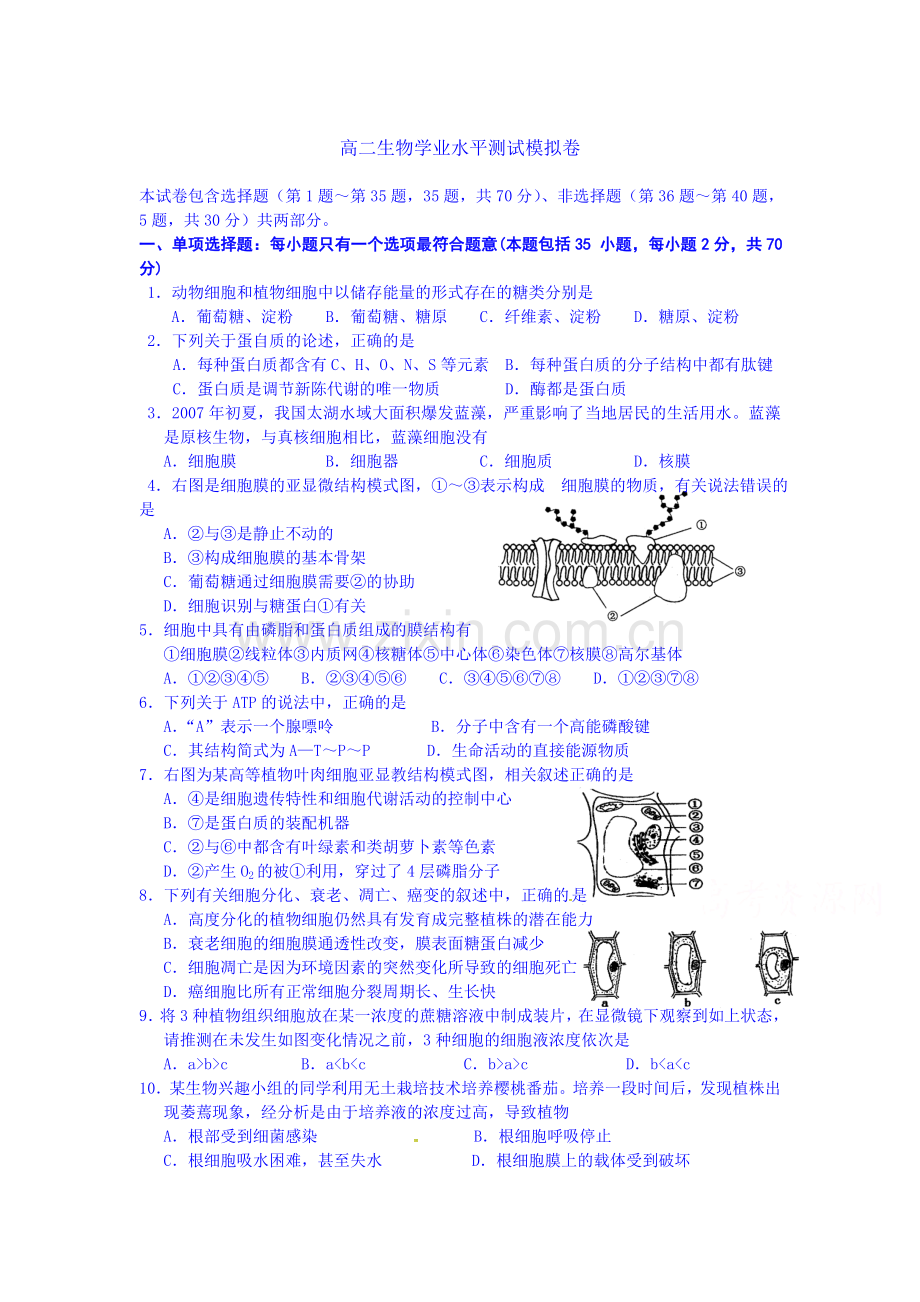 高二生物上册学业水平模拟测试1.doc_第1页