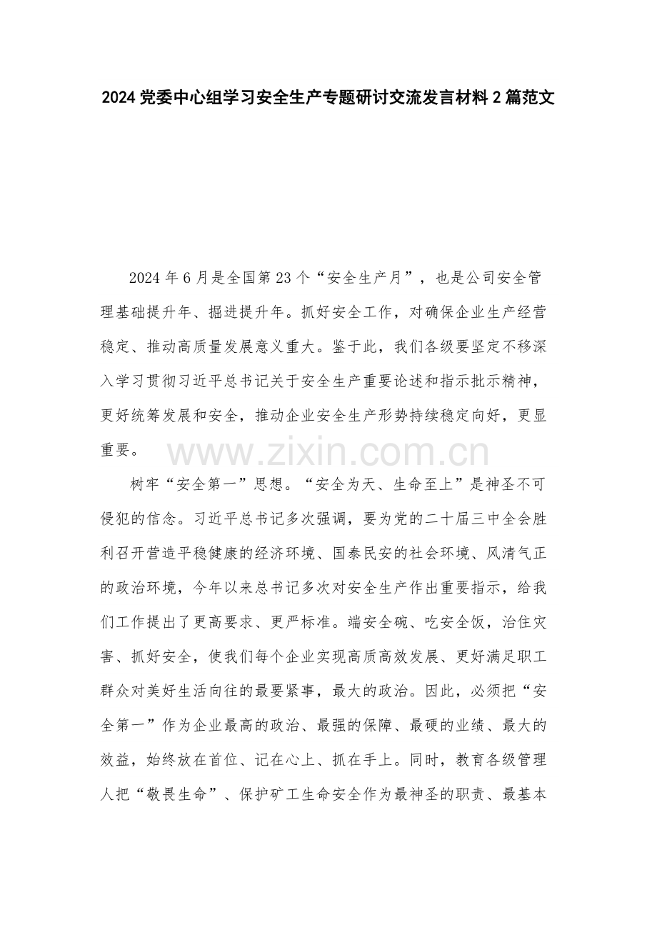 2024党委中心组学习安全生产专题研讨交流发言材料2篇范文.docx_第1页