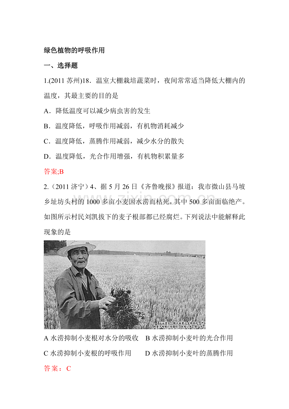 七年级生物绿色植物的呼吸作用练习题2.doc_第1页