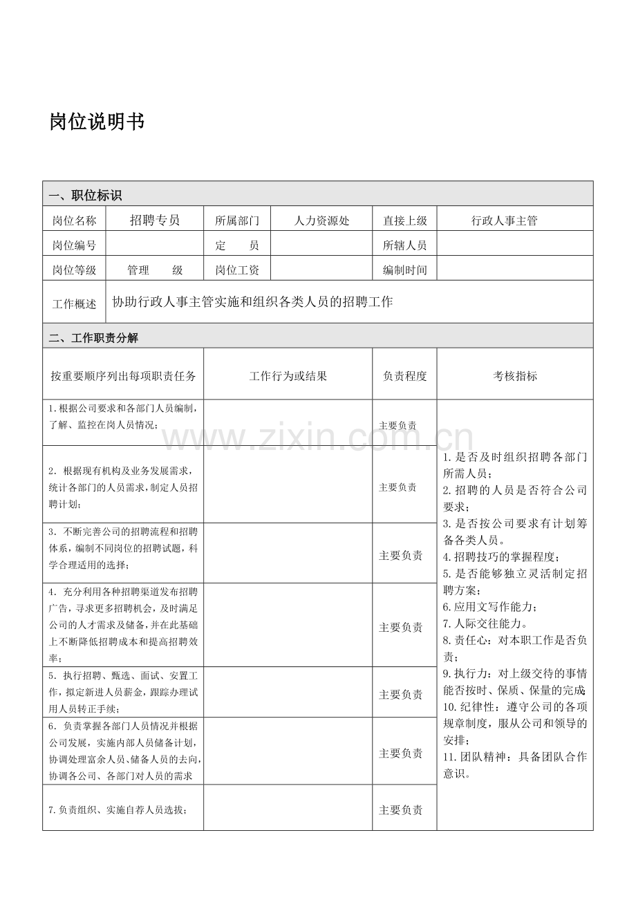 岗位说明书(人力资源处招聘专员).doc_第1页