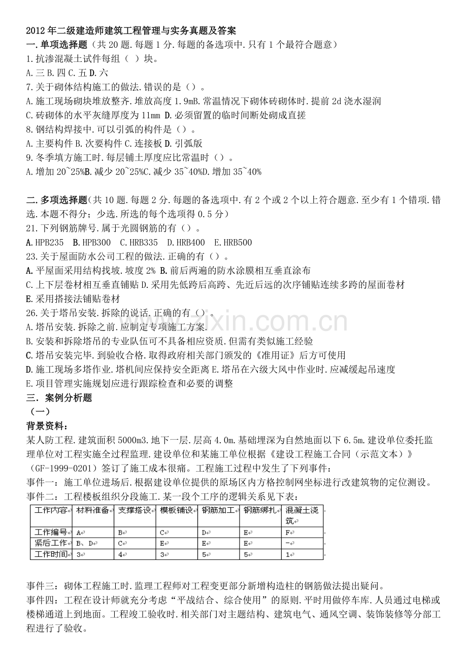 2012二级建造师建筑工程管理与实务真题及答案.doc_第1页