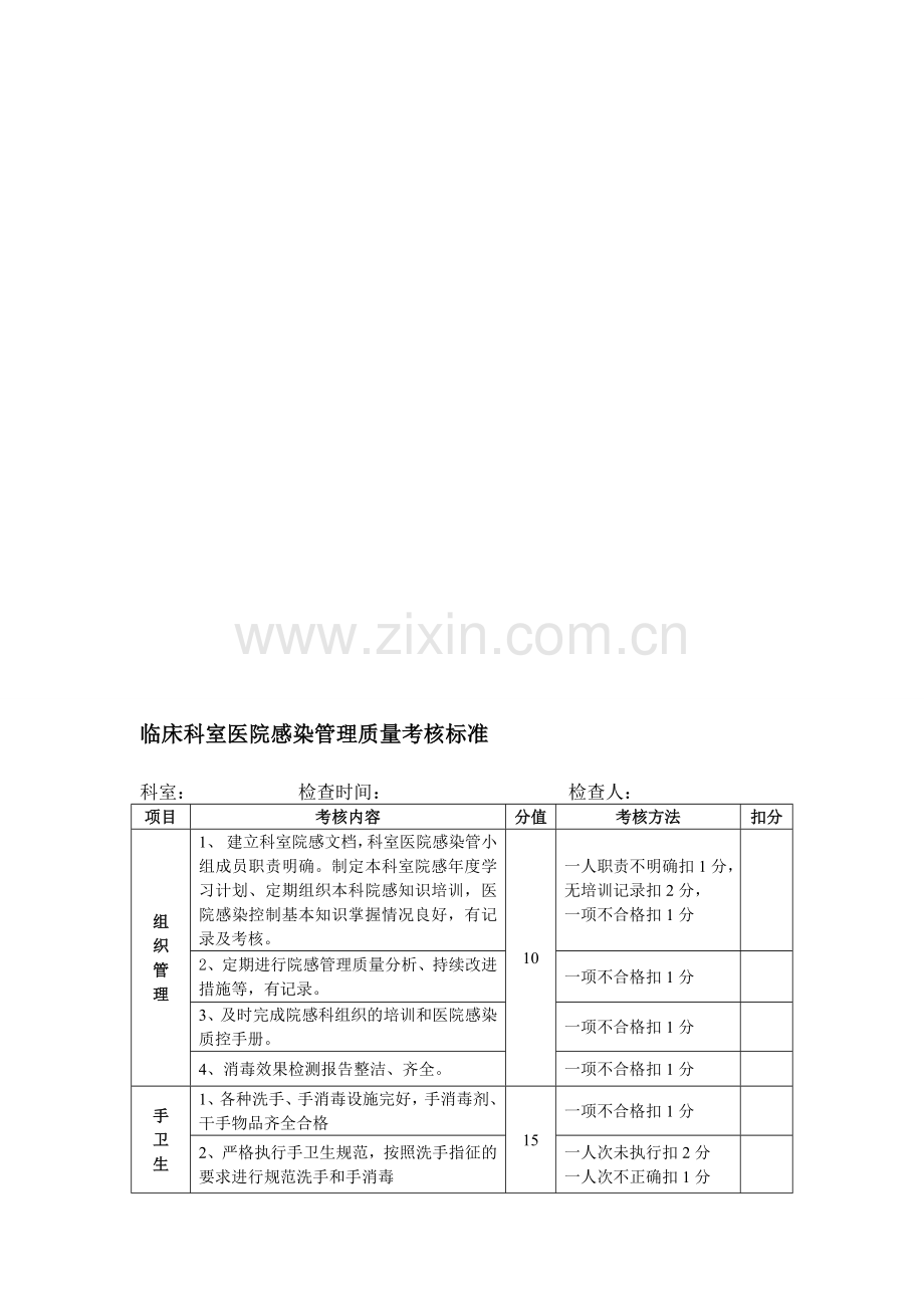 临床科室医院感染管理质量考核标准..doc_第1页