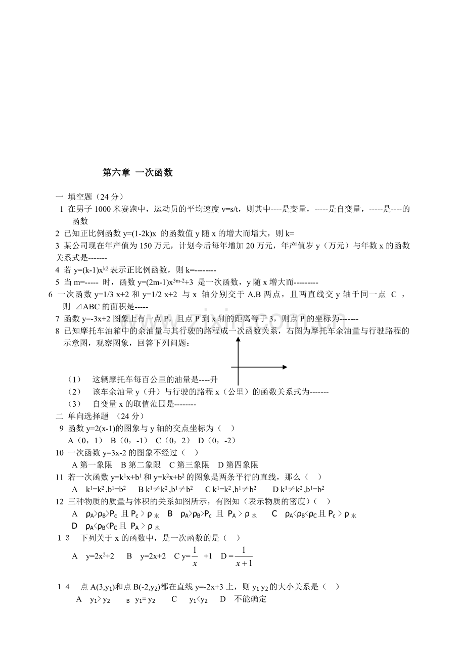 一次函数测验题(无答案)[下学期]--鲁教版.doc_第1页
